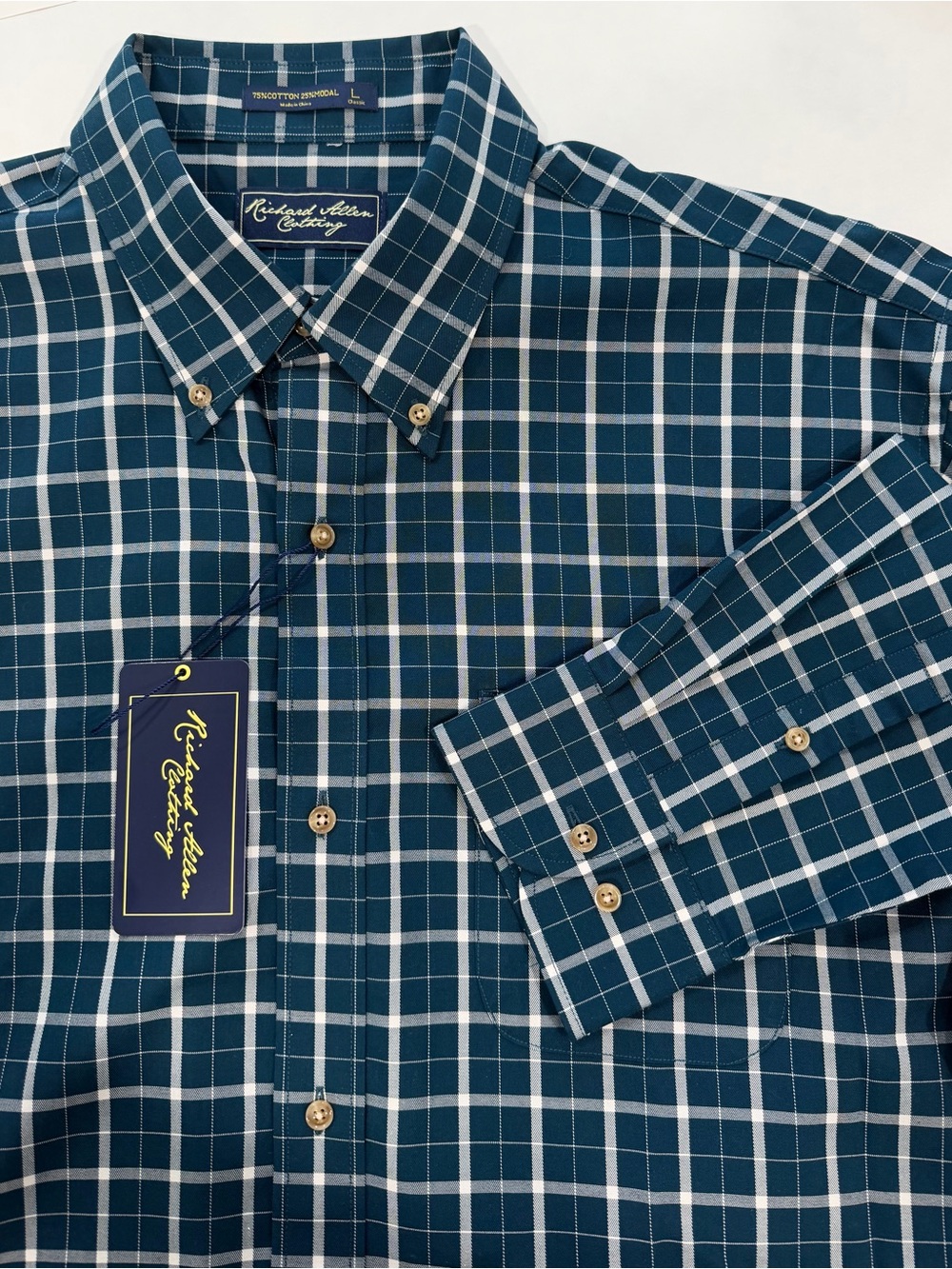 RICHARD ALLEN CLOTHING Blue Plaid Cotton Modal Button Long Sleeve Shirt (L) NWT